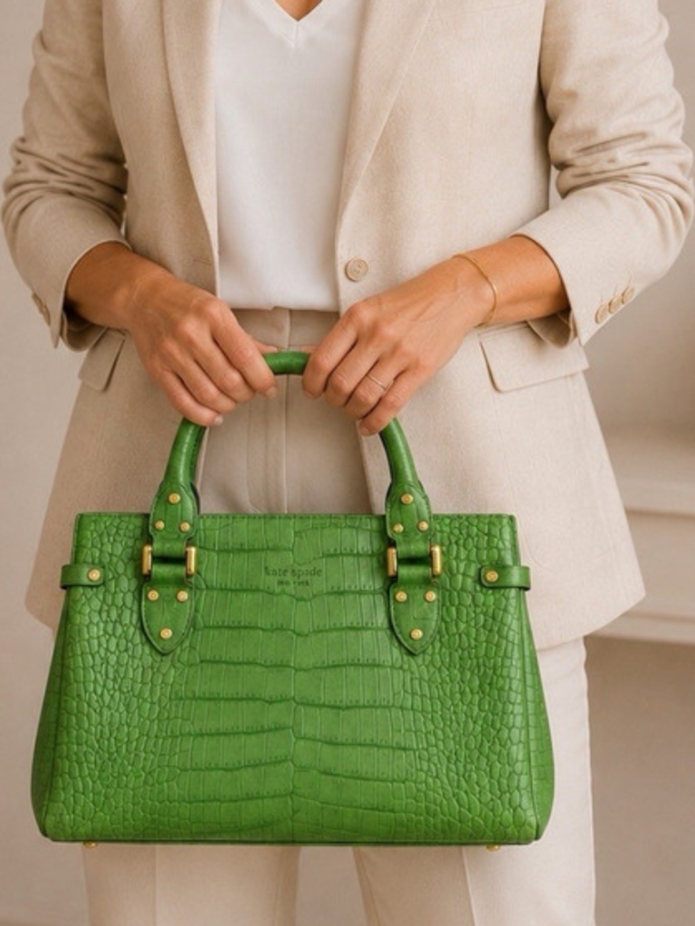 Kate Spade new york Green Croc Embossed purse handbag Zip Top Gold Hardware